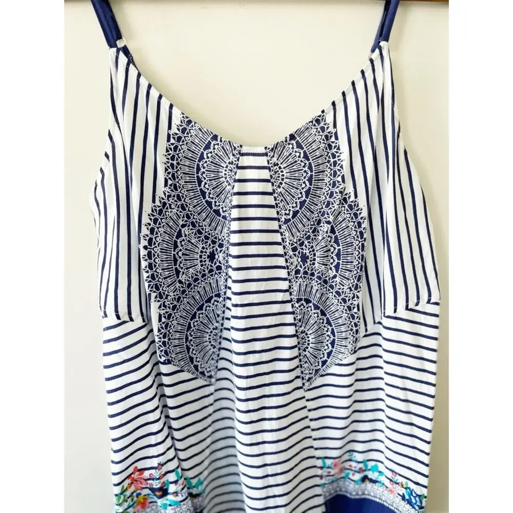 CAbi Navy and White Striped Cami with Floral Hem Size Medium EUC